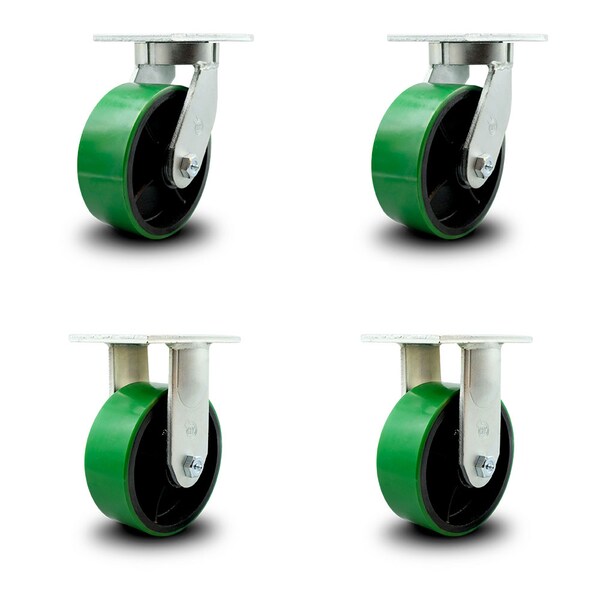 8 Inch Heavy Duty Green Poly on Cast Iron Wheel Caster Swivel 2 Rigid SCC, 2PK